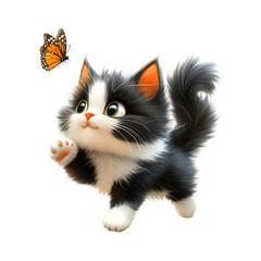Fluffy 3D Cartoon Cat with Butterfly on Its Nose Isolated on Transparent Background
