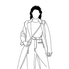 Minimal linework digital art showcasing a stylish individual wearing modern attire,featuring minimalistic details and a chic,trendy appearance.Great for fashion,minimalism,design-related presentations