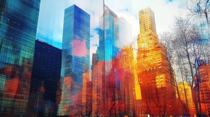 Sunset reflections on skyscrapers in an urban landscape creating vibrant hues and stunning color contrasts against a clear sky