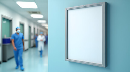 Blank empty white picture frame white poster mockup in a hospital corridor blue wall, with blurred room background