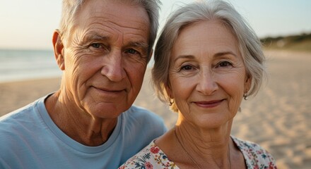 Happy senior couple enjoying time together on a beach at sunset