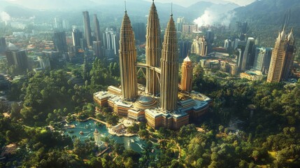 Serene sunrise over Kuala Lumpur iconic towers peaceful reflection