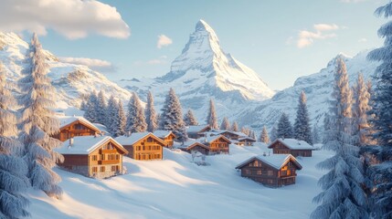 Fototapeta premium Serene Swiss village nestled beneath majestic Matterhorn. winter wonderland scene evokes peace and tranquility