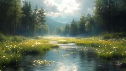Serene mountain stream flows through a sunlit meadow, wildflowers and fog, tranquil nature scene.