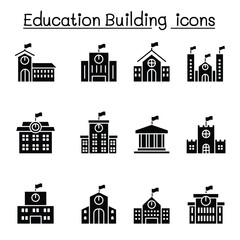 School building icon set in thin line style