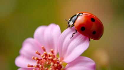 Fototapeta premium Beautiful ladybug on flower defocused background