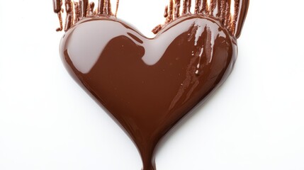 Obraz premium Melted chocolate dripping from above in a heart shape isolated on white background