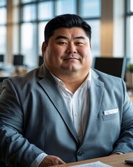Fototapeta premium Mature chubby Asian man confident short black hair gray suit on office workspace during daytime background