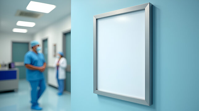 Blank empty white picture frame white poster mockup in a hospital corridor blue wall, with blurred room background