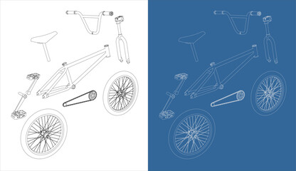Fototapeta premium Exploded Technical Drawing of a BMX Bicycle in Black and White with Blueprint Style isolated on transparent background