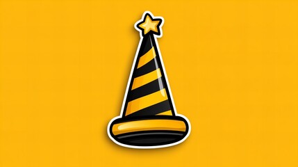 A whimsical party hat design with yellow and black stripes and a star on top, set against a vibrant yellow background.