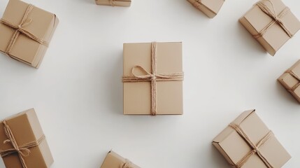 Top view of delivery box mockup on white background flat lay