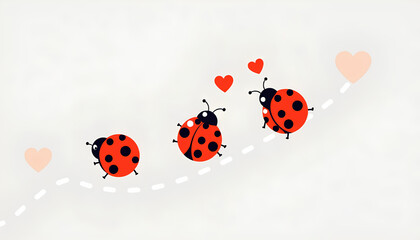 Cartoon ladybug icon set. Ladybugs flying on dotted route. Love route