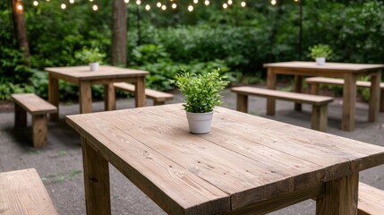 Obraz premium Outdoor garden patio wooden tables, string lights, plants