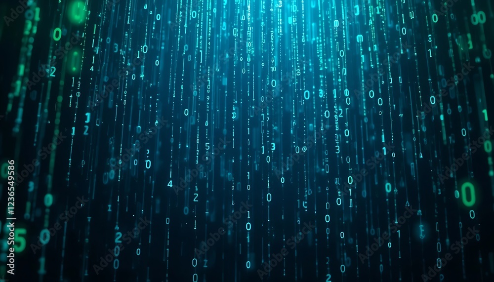 Fototapete Digital Rain: Teal Binary Code Cascade, Abstract Tech Art