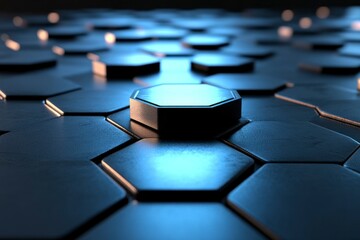 3D render, abstract background with an empty black stage and a glowing blue hexagon shape on the floor. Modern wallpaper for product presentation in an e-commerce concept. 