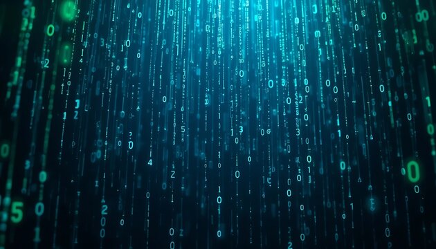 Digital Rain: Teal Binary Code Cascade, Abstract Tech Art