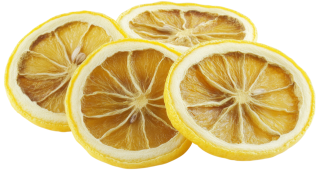 Dried lemon slices overlaying each other on transparent background