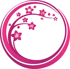 pink floral frame with flowers An illustration of a fuchsia circle logo with a pink cherry blossom branch