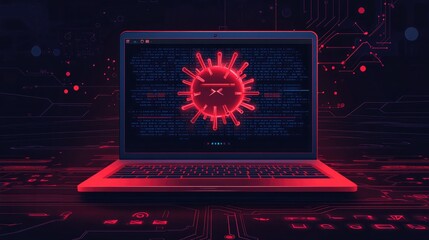 System Error Alert: Virus Detected on Laptop Screen in Flat Cartoon Style