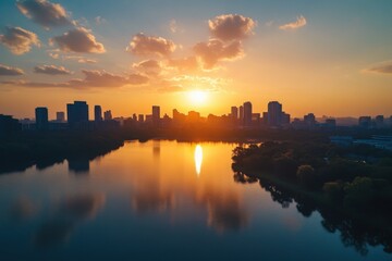 Fototapeta premium Sunrise Over City Skyline Aerial View