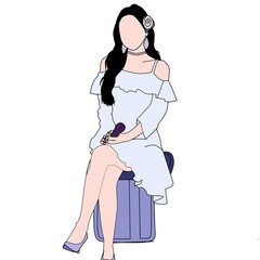 Minimalist illustration of a woman sitting on a suitcase, wearing a stylish outfit and accessories. The artistic representation captures elegance and simplicity with a modern and chic vibe.