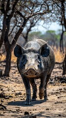 Fototapeta premium HD Phone Wallpaper Wild Boar Walking in African Savanna Dry Season Close Up
