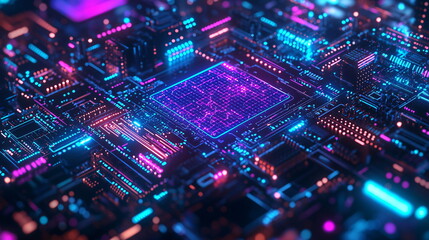 Obraz premium Vibrant glowing circuit board with intricate patterns and colorful lights creating a futuristic technology theme of neon blue, pink, and purple hues enhancing the digital aesthetic.