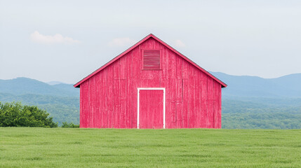 Obraz premium Pink barn on grassy hill, mountain backdrop; rural scene