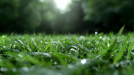 Obraz premium Dew-covered grass, morning sun, forest background, nature scene