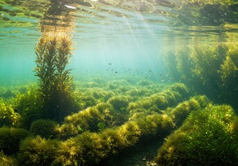 Fototapeta premium Underwater paradise: sunlit seaweed and fish in crystal clear water