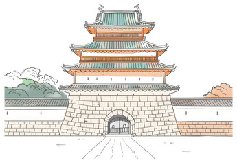 Obraz premium Ancient Asian Castle Gate Architecture Illustration