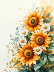 Obraz premium Joyful watercolor sunflowers and daisies bouquet