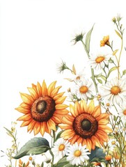 Joyful watercolor sunflowers and daisies bouquet