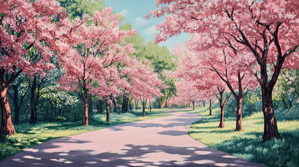 Naklejka premium Road with blooming trees in spring. High quality photo