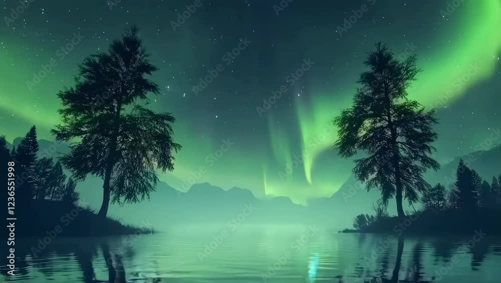 Poster A beautiful photograph of the aurora borealis, the green light forming an arc in front of two trees on each side, reflecting on the water and creating a circular effect.