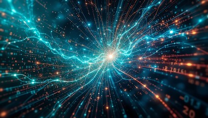 Naklejka premium Radiant Energy Stream: A Digital Nebula in Teal and Orange