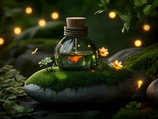 A bottle of oil is on a rock with flowers and moss