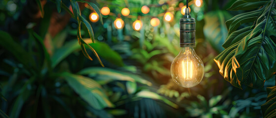 Glowing light bulb hanging in a lush tropical rainforest, surrounded by vibrant green palm leaves. Jungle mockup. Generative ai