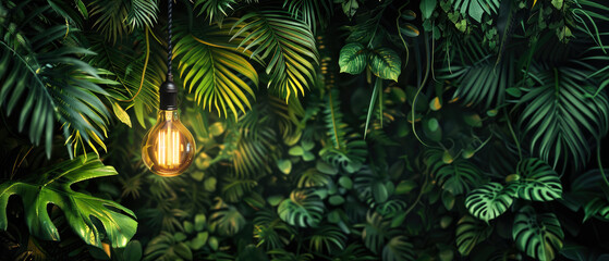 Fototapeta premium Lush tropical jungle with glowing vintage bulbs, creating a dreamy, warm ambiance. Exotic greenery, soft bokeh,golden light evoke serenity, nature,eco-friendly interior design aesthetics.Generative ai