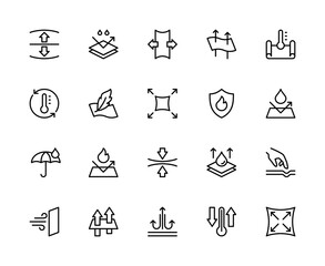 Fabric properties related vector linear icons set. Contains such icons as stretch, density, lightness, fabric and more.