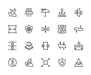 Fabric properties related vector linear icons set. Contains such icons as waterproof, breathable, frost-resistant, softness and more.