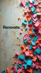 A vibrant array of torn paper scraps in shades of blue, orange, and pink spills across a textured surface, juxtaposed with the bold word Renovate. This dynamic composition evokes creativity and