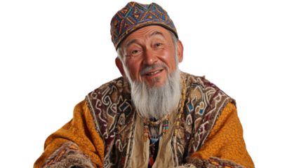 Smiling senior man wearing traditional kazakh clothing and hat on transparent background