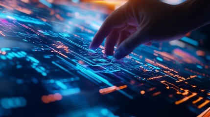 Naklejka premium A hand touches a digital surface with glowing circuits and data visualizations