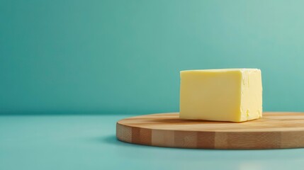 A cube of butter on a wooden board against a teal background.