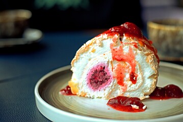 Sweet dessert meringue cake with strawberry jam