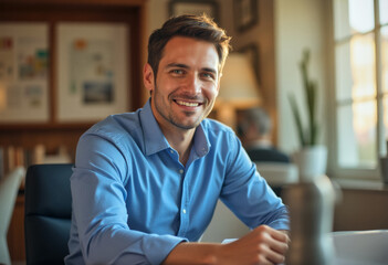 Obraz premium Lifestyle headshot portrait photo of a person: A man sitting at a table smiling at the camera.
