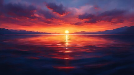 Obraz premium Vibrant sunset over calm lake, reflecting fiery colors in water, dramatic clouds.