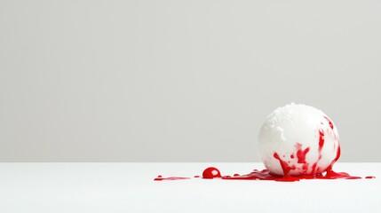 Melting white sphere with red liquid, minimalist background, food photography, website banner